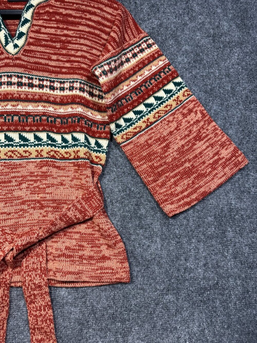Bronson Sweater Womens Medium Fair Isle Pullover V Neck Tie Belt Flare Sleeve - Picture 3 of 8